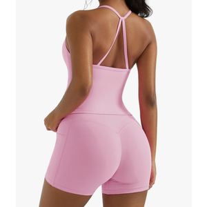 OMKAGI 2 Piece Workout Sets for Women Padded Sports Bra Tank Booty Gym Shorts with Pockets Size Small