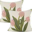 YOUR SMILE Pack of 2 Embroidered Decorative Throw Pillow Cover 18x18 Inch Farmhouse Floral Floor Pillowcase for Couch Living Room Sofa Bed, Pink Tulip