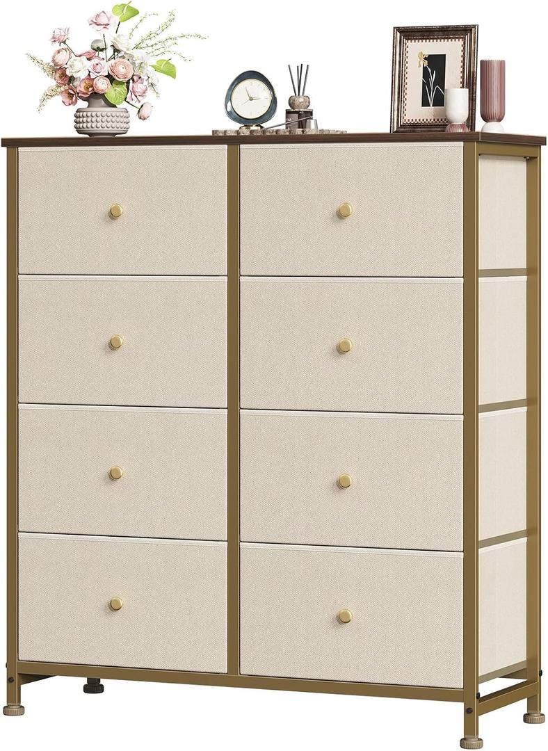 Sweetcrispy 8 Drawer Fabric Dresser, Tall Storage Tower for Bedroom, Khaki, 31.5"D x 11.8"W x 36.4"H