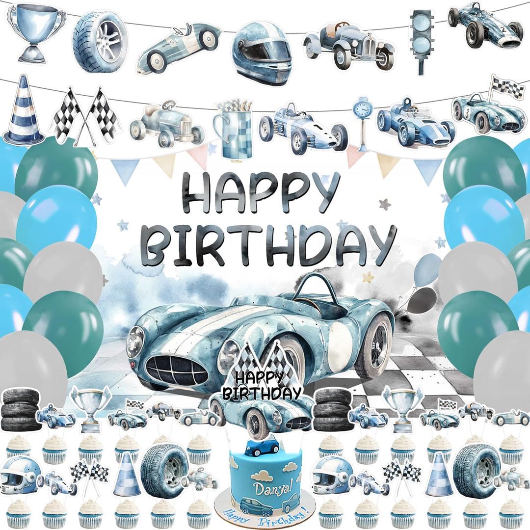 59 Pcs Race Car Birthday Party Supplies, Watercolor Race Car Themed Party Decoration Vintage Race Car Backdrop Balloons Cake Cupcake Topper for Racing Car Themed Party Decor