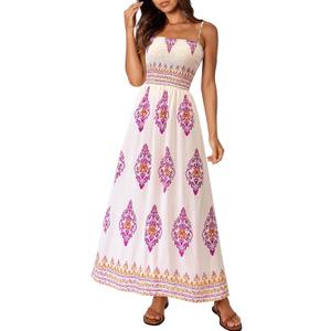 PRETTYGARDEN Summer Dress for Women 2026 Floral Sundress Spaghetti Strap Flowy Beach Vacation Boho Maxi Dresses (White, L)