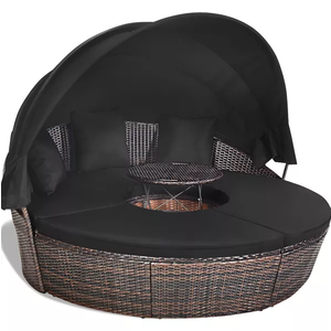 Patio Round Daybed with Retractable Canopy, Wicker Furniture Sectional Couch with Separate Cushioned Seats, Adjustable Table Top, Patio Rattan Daybed Sofa for Backyard, Poolside, Black, HW68675CDK