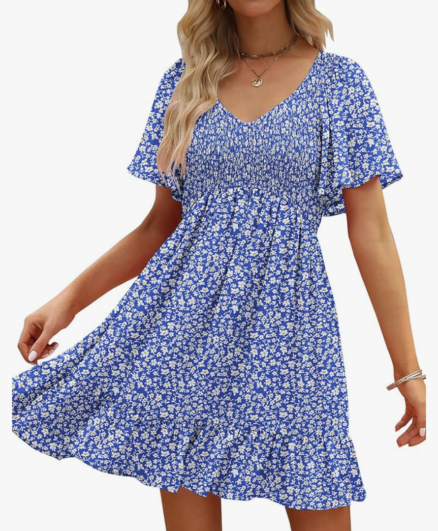 Womens Cute Floral Smocked V Neck Flutter Sleeve Sundress with Pockets Casual Spring Summer Dresses for Women 2025, Medium 