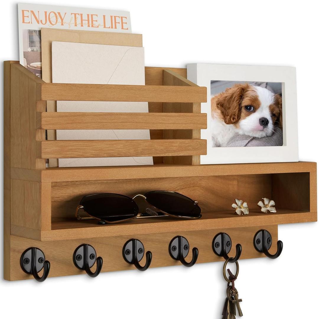 Key and Mail Holder Wall Mount, Key Hanger with Long Storage Box and Key Hooks for Coat, Dog Leash, Home Decor Rack, House Accessories, Entry Way Organizer