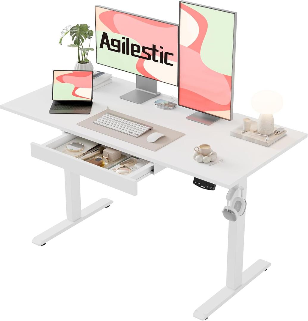 Agilestic 48 * 24 Inch Electric Standing Desk with Under Drawers, White
Electric Height Adjustable, Storage Drawers, Sturdy Steel Frame, Memory Presets, Hooks, 154 lbs, Easy Assembly, Splice Board