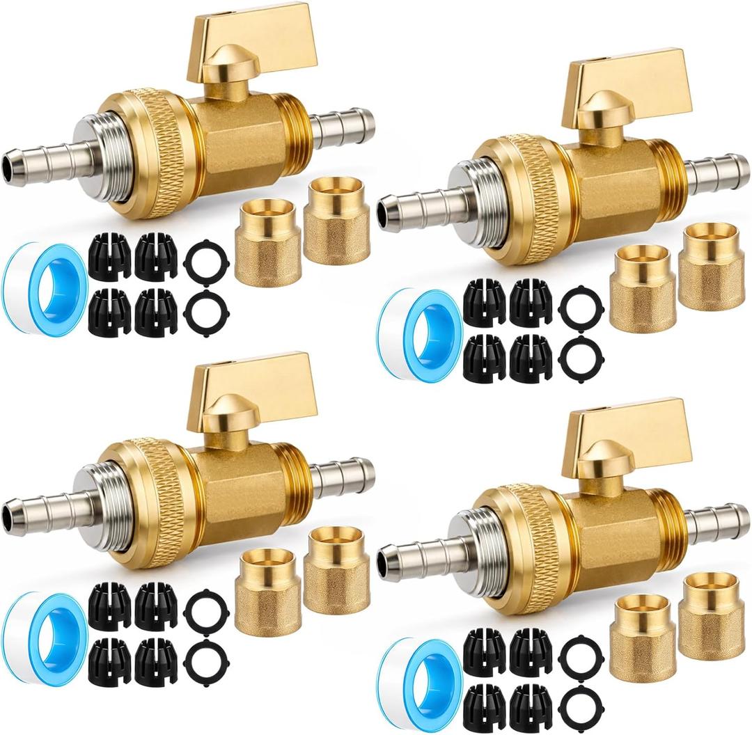 Hicarer Expandable Garden Hose Repair Kit with Shut Off Valve, 4 Set Heavy Duty Brass Telescopic Hose Adapter Fittings for Retractable Water Hoses with 3/4'' Rubber Gaskets
