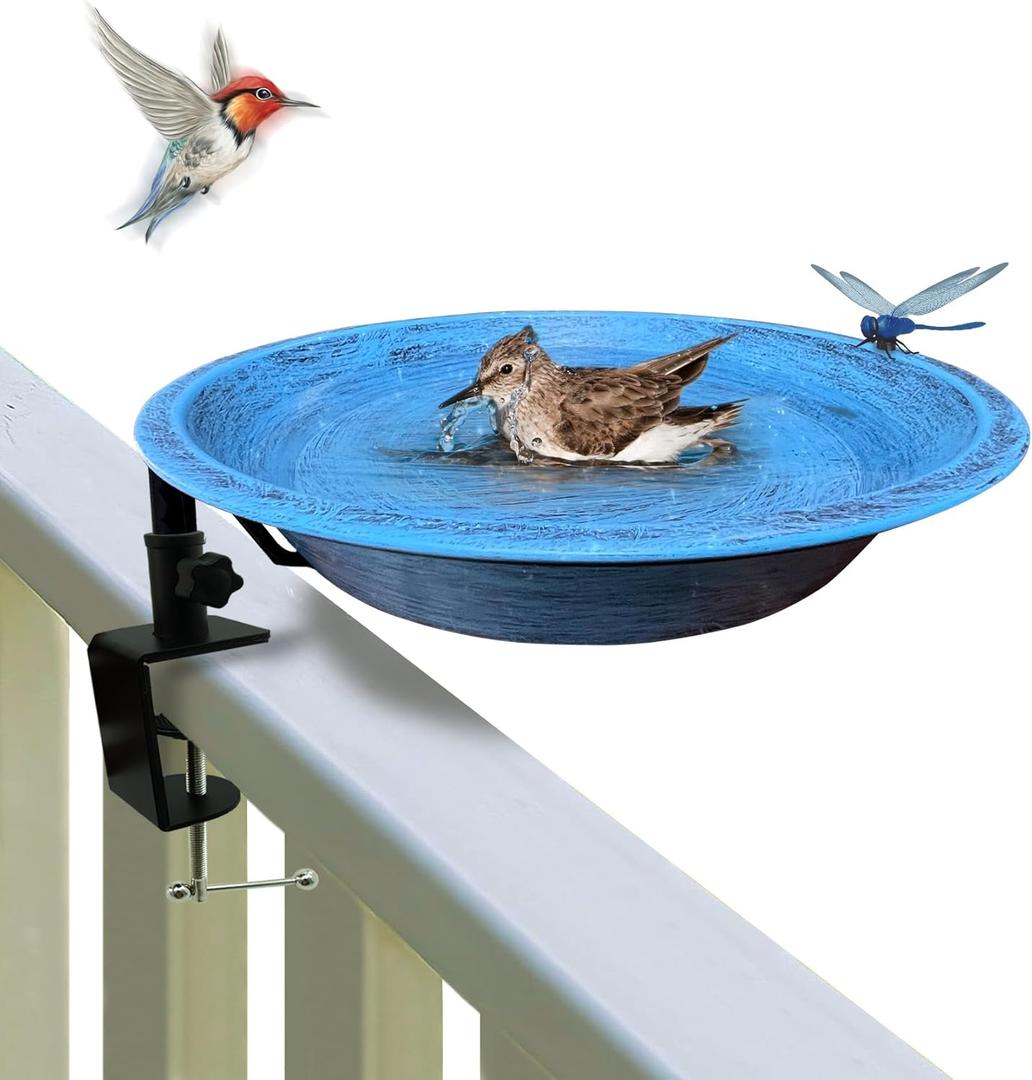 Bird Bath Outdoor Metal Birdbath Deck Mounted, Bird Baths with Adjustable Sturdy Metal Clamp for Deck Railing Balcony Yard Garden Decoration