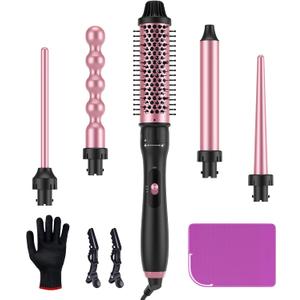 LANDOT 5-in-1 Curling Iron Wand & Thermal Brush Set: Create a Salon Blowout, Bouncy Curls, Waves & Tight Spirals with Interchangeable Barrels (9-32mm) & 38mm Heated Round Brush for All Hair Types LANDOT 5-in-1 Curling Iron Wand & Thermal Brush Set: Create a Salon Blowout, Bouncy Curls, Waves & Tight Spirals with Interchangeable Barrels (9-32mm) & 38mm Heated Round Brush for All Hair Types