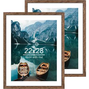 22x28 Frame Set of 2, Rustic Brown Wood Style - Display 18x24 Picture Frame with Mat or 22 x 28 Poster Frame without Mat, Wall Mounting Horizontal and Vertical