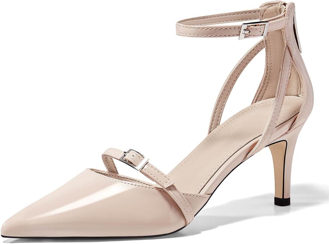 Coutgo Women's Stiletto High Heels Closed Pointed Toe Buckle Ankle Strap Pumps Wedding Party Dress Shoes (9, Nude)
