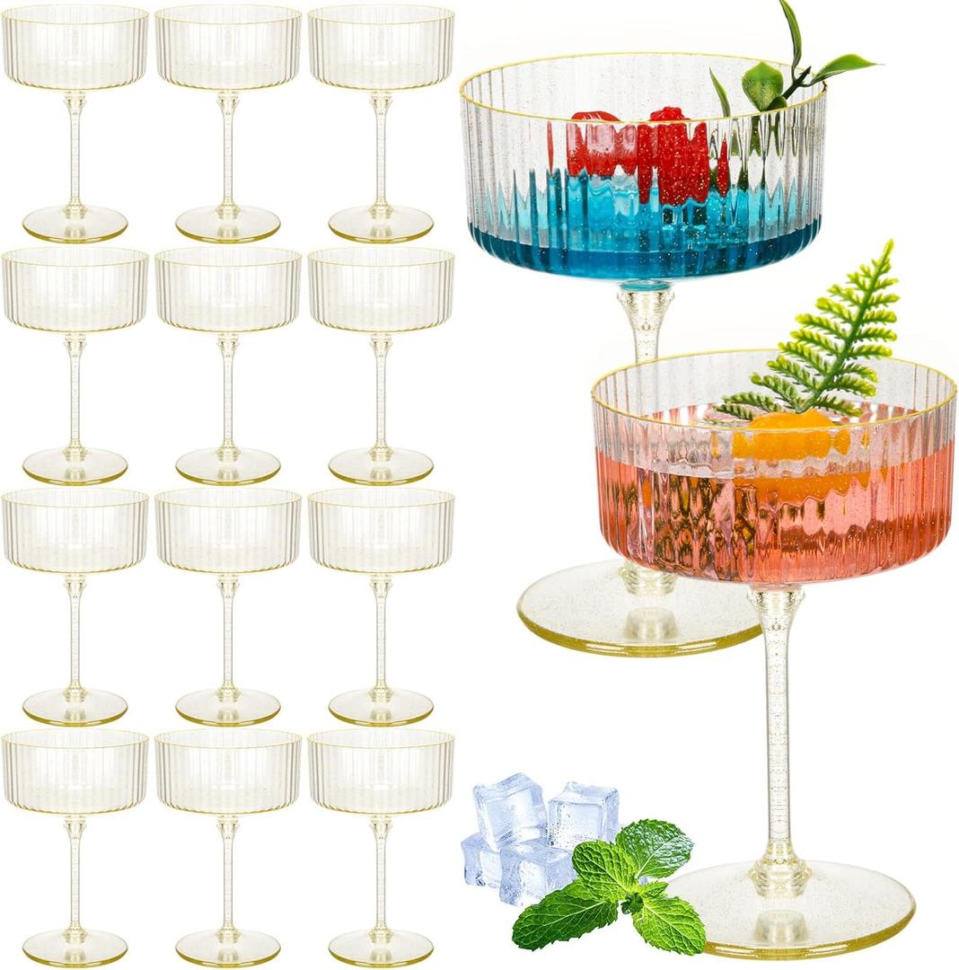 Jingmore 12 Pcs Ribbed Martini Glasses 10 oz Disposable Plastic Vintage Ribbed Coupe Glasses with Gold Rim Glitter Cocktail Unbreakable Dessert Parfait Glassware for Wedding Party Supplies (Clear)