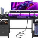 Furologee 61" Gaming Desk with Power Outlets & LED Lights, Reversible Computer Desk with File Cabinet & Monitor Stand for Home Office, Large Work Table with Storage Shelves & Drawer, Black