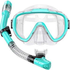 Seovediary Snorkel Set Adults Snorkeling Gear Anti-Fog Panoramic View Swim Mask Dry Top Snorkel Kit with Carry Bag for Snorkeling Scuba Diving Swimming Travel (A-Green+Transparent)