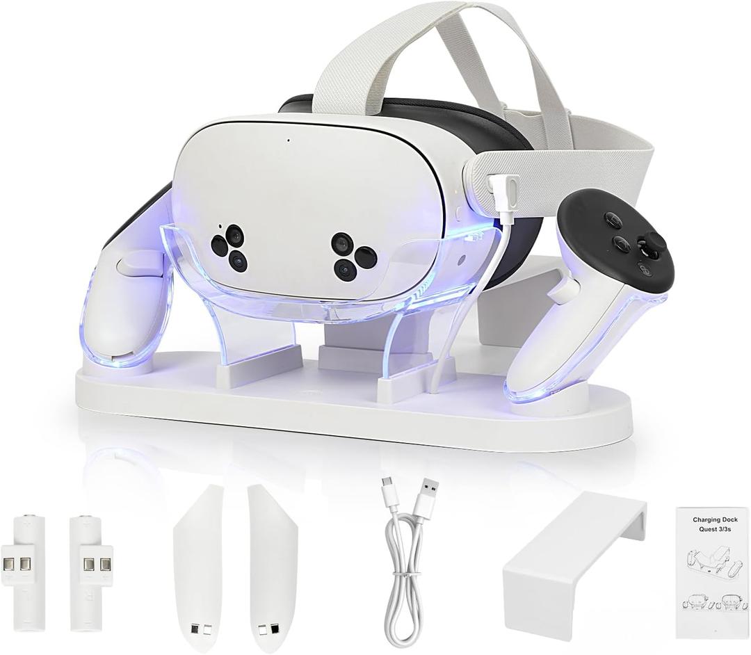 Magnetic VR Charging Station for Meta Quest 3S/Quest 3 Headset Handle Controller with LED Light, 2-3 Hour Fast Charging Dock, ChargingStand for MetaQuest 3 Smart Touch Controller (White)