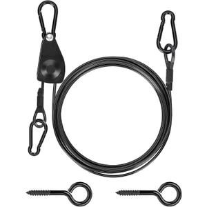 TooTaci 15ft Outdoor Clothesline Kit, 3/16" Black PVC Coated Wire Rope Portable Retractable Clothes Line Kit with Self-Locking Pulley, Screw Hook & Snap Hook for Camping, Backyard, RV, Travel