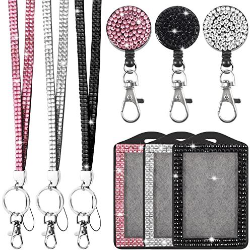 9 in 3 Sets 3 Color Upgraded Rhinestone Lanyard for ID Badges for Women Cute, Bling Mom Lanyards for ID Badges Teacher ID Card Holder Crystal Retractable Badge Reel for Student Kids
