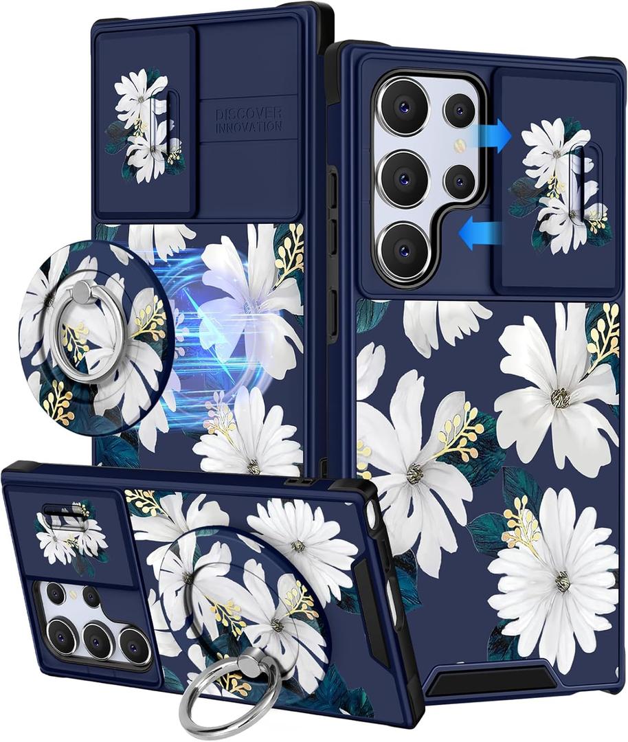 Buleens for Samsung Galaxy S25 Ultra Case - with Ring Stand & Camera Cover Aesthetic Cute Designed for Women Girls Girly White Floral Flowers for Samsung S25 Ultra Phone Case Compatible with Magsafe