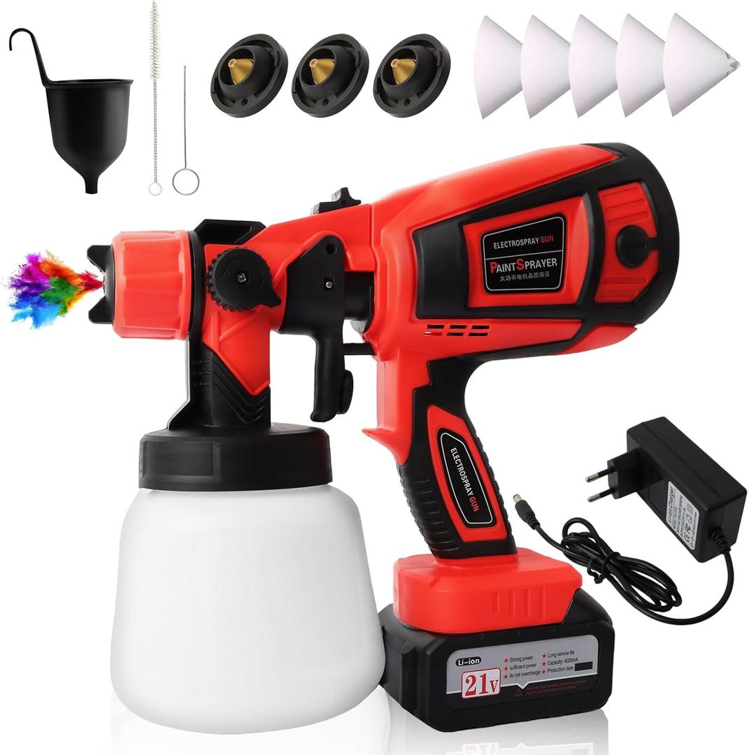 Cordless Paint Sprayer Gun with Battery 1 X 2200mAh, Handheld Electric Paint Gun with 5 Copper Nozzles, 1400ML Containers, Paint Sprayer for House Painting Furniture Cabinets Fence Wall
