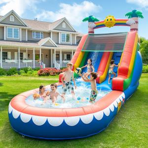 Tropical Inflatable Water Slide for Kids & Adults  21FT Giant Blow Up Pool Slide with Climbing Wall, Splash Pool, Palm Tree Theme  Wet & Dry Use, 950W Blower, Backyard Summer Fun