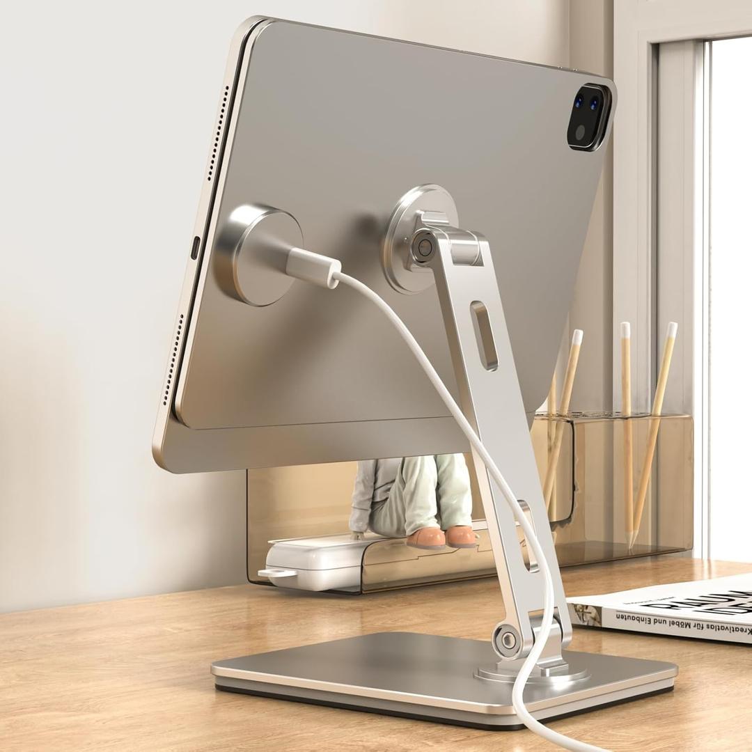 Magnetic Charging Stand for iPad Pro 11, Aluminum Foldable Charger Stand with 360 Rotation, USB-C Fast Wireless Charger Station for iPad, Holder Mount for Office (Rechargeable Version)