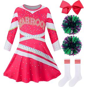 Girls Cheerleader Costume Outfit Halloween Cheer Uniform Dress Up with Accessories (Medium(5-6 T), Rose Red)