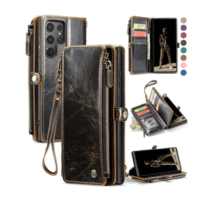 Defencase for Galaxy S25 Ultra Case Wallet with RFID Blocking Card Holder for Women Men, PU Leather Magnetic Snap Flip Wrist Strap Zipper Wallet Phone Cases for Samsung Galaxy S25 Ultra 6.9", Coffee