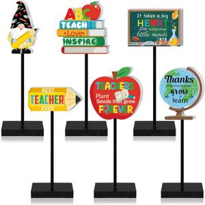 DoubleFill 6 Pcs Teacher Appreciation Table Decorations Back to School Teacher Gifts Thank You Wooden Centerpieces for School Classroom Office Table Desk Party Supplies