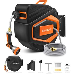 GOXAWEE Retractable Garden Hose Reel, 1/2" x 100 ft Upgraded UV Resistant Water Hose Reel Wall Mounted, Any Length Lock, Automatic Rewind, 180Swivel Metal Bracket, Orange