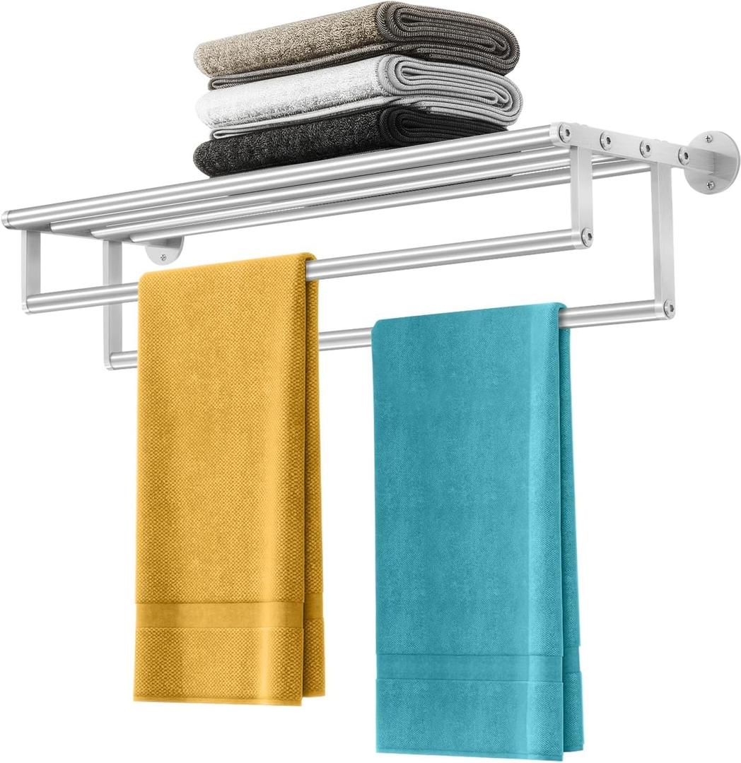 Double Towel Racks for Bathroom Towel Rack with Shelf, 24 Inch Double Towel Bars, Wall Mount Towel Holder for Bathroom Lavatory, Stainless Steel Towel Rod(Brushed Nickel)