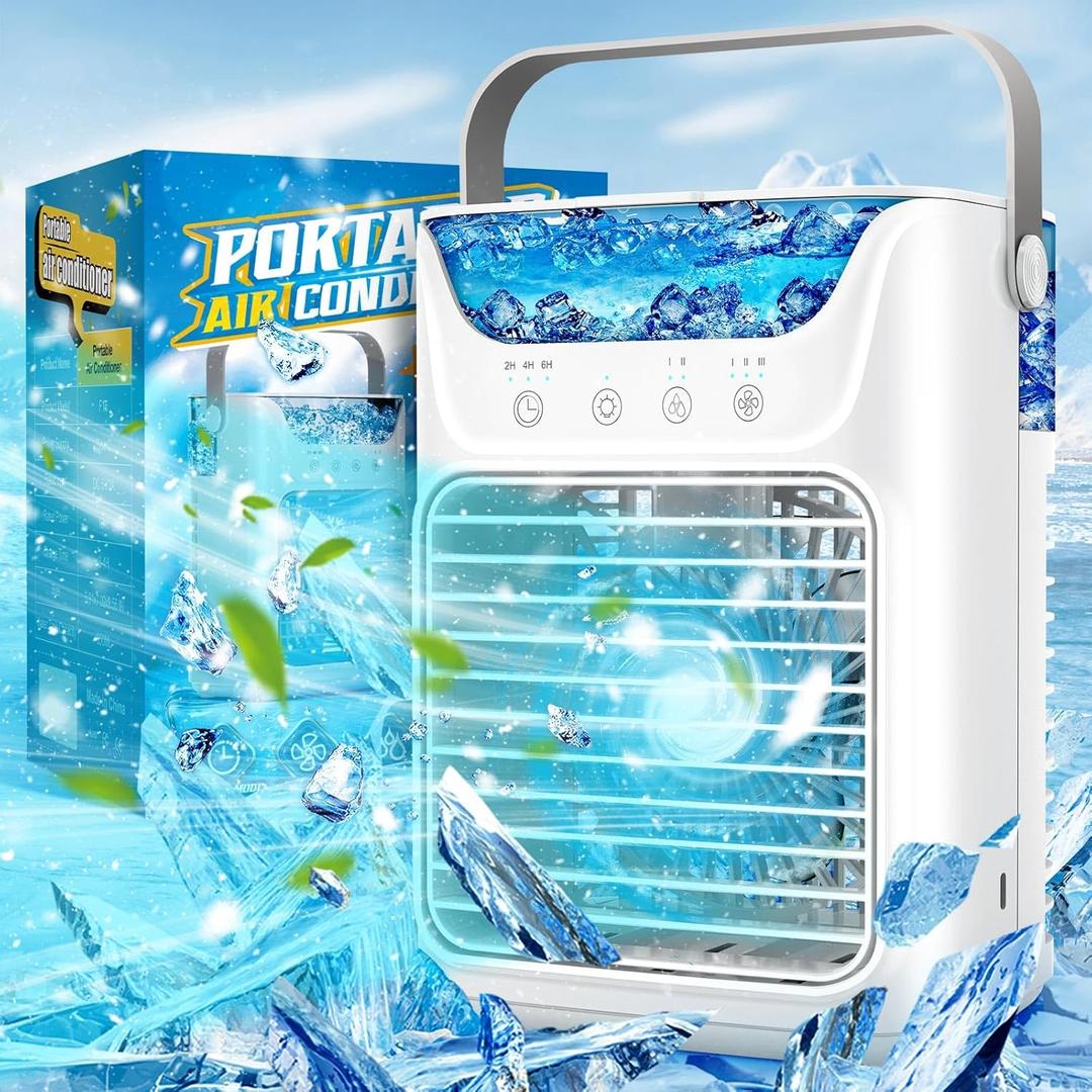 Portable Air Conditioner, 650ML Evaporative Personal Air Cooler Fan with 2 Cool Misting, 3 Speeds, 2~6h Timer & 7 Night Light, Small Air Conditioner Humidifier Portable Fan for Bedroom Office Camping
