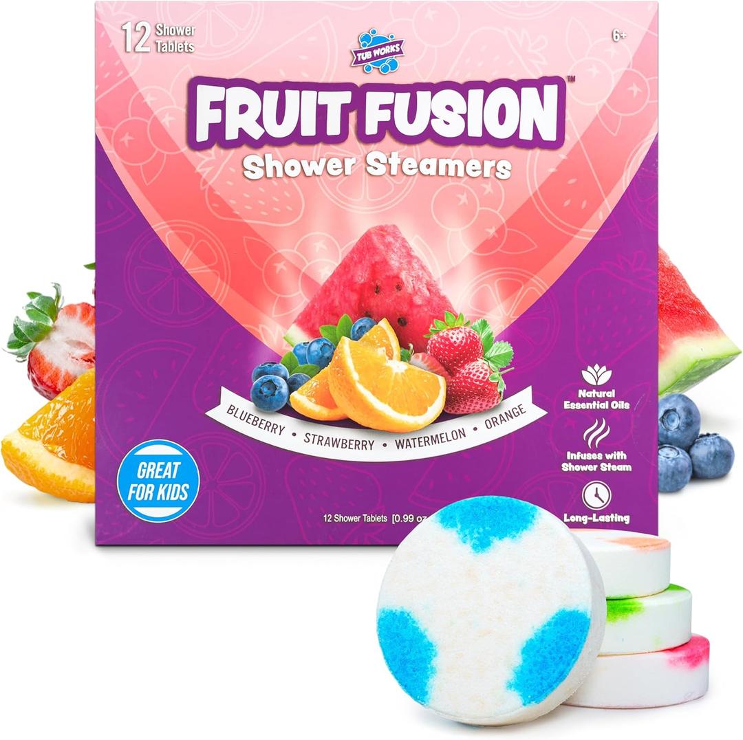 Tub Works Fruit Fusion Shower Steamers for Kids, Variety 12 Pack | Fresh & Fruity Shower Steamers Aromatherapy | Fun Shower Bombs | Alternative to Kids Bath Bombs for a Sensory Shower Experience