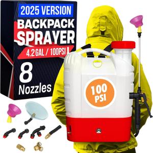 Battery Powered Backpack Sprayer - 4.2 Gallon, 8 Nozzles, 100PSI Cutoff, Long Battery Life, Wide Mouth, High-Pressure Spray Hose, Trigger Lock, Pressure Knob Controller