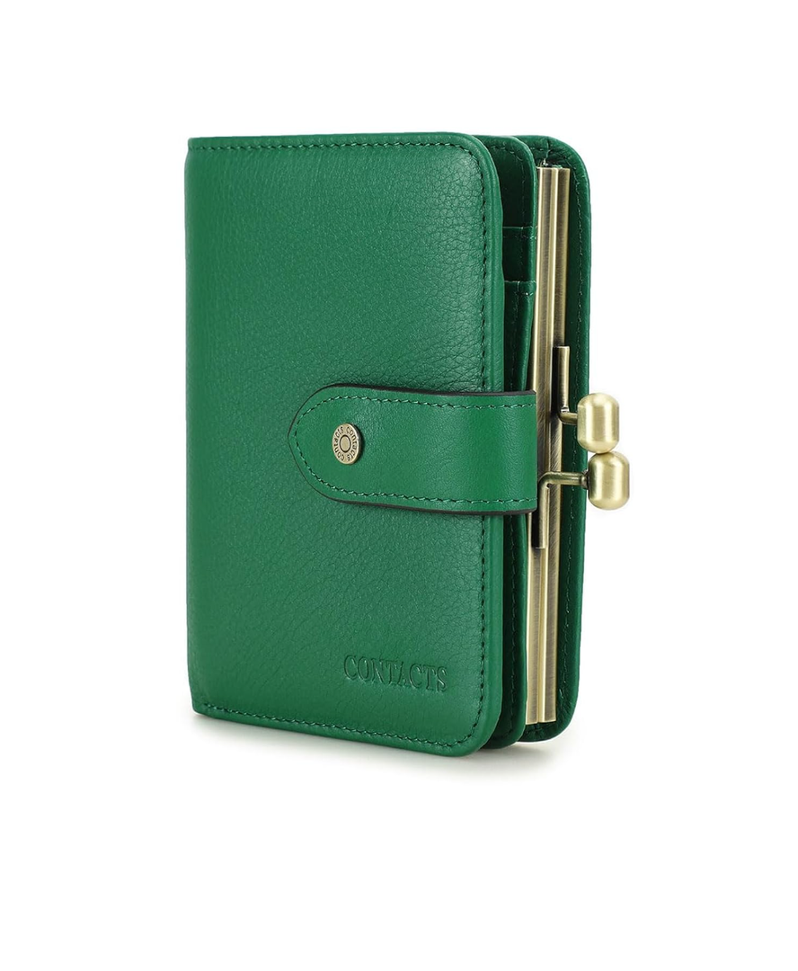 Full Grain Leather Kiss Lock Wallet for Women Kiss Clasp Coin Purse Small Bifold Card Holder with Rfid Blocking (Green)