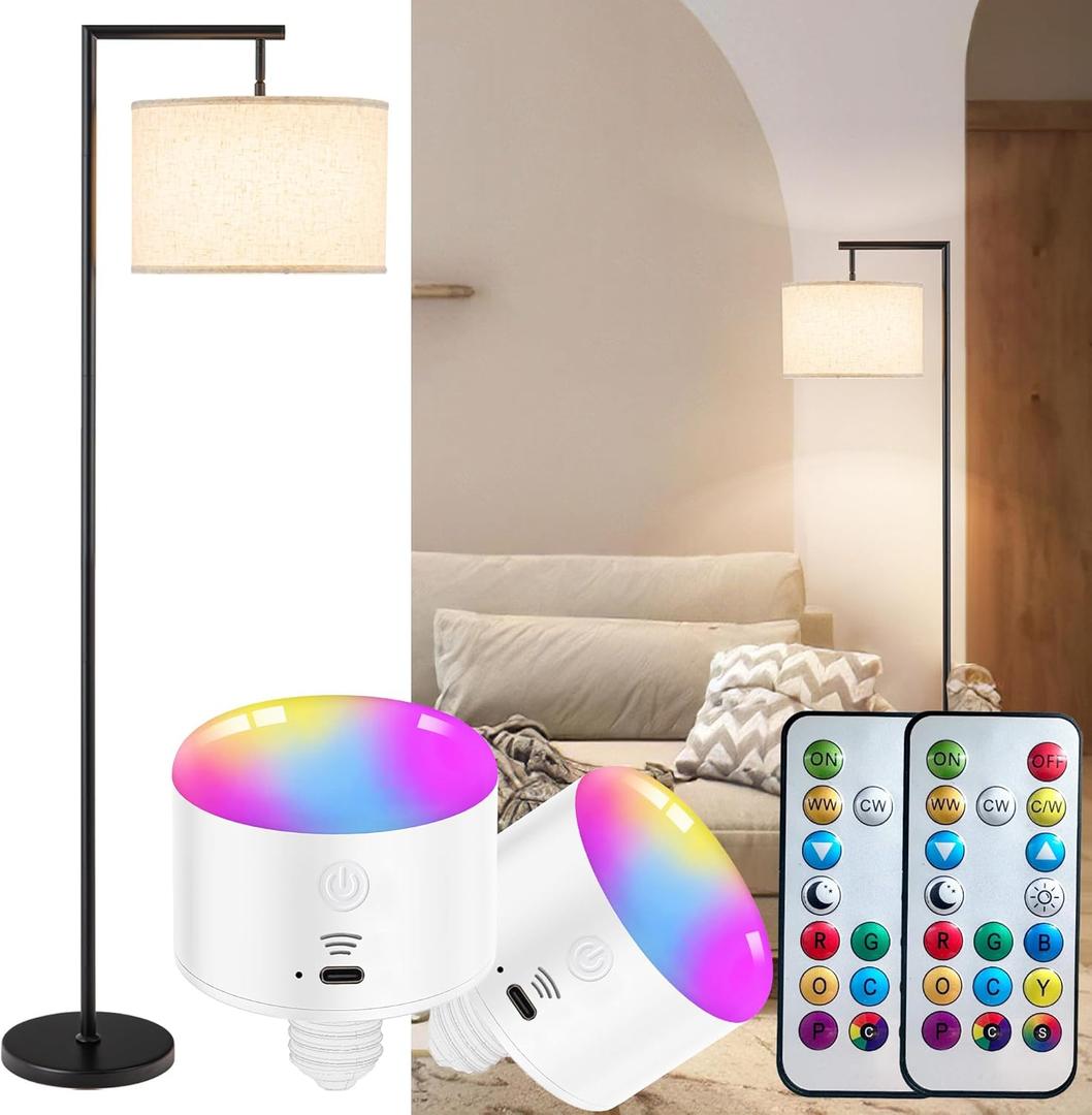 Modern Battery Operated Floor Lamp Cordless for Living Room, 10000mAh RGB Dimmable Lamp with Remote Control Lighting time up to 50 hrs, Tall Standing Floor Lamp for Bedroom, 2 Bulb