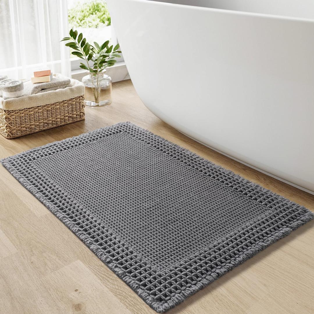 RESARE Waffle Bath Mat, Super Absorbent Non-Slip Machine Washable, Ultra Soft Boho Bath Rug with Tassels, Upgraded Bordered Design, 18"x30" Dark Grey