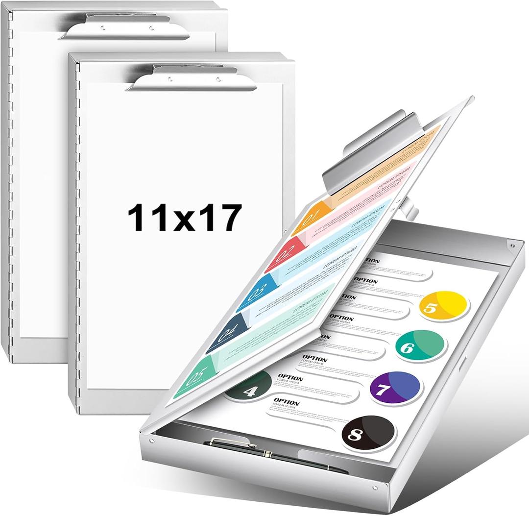 2 Pcs Aluminum 11'' x 17'' Clipboard with Storage Heavy Duty Metal Lightweight Form Holder with Capacity Clip 1 Compartment Clipboard for Student Teacher