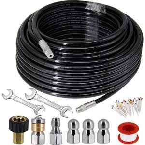 Twinkle Star Sewer Jetter Kit for Pressure Washer -100 ft Hose, 1/4 Inch NPT, Drain Cleaning Hose, Button Nose & Rotating Sewer Jetting Nozzle, Orifice 4.0, 4.5, 5.5, 5800 PSI