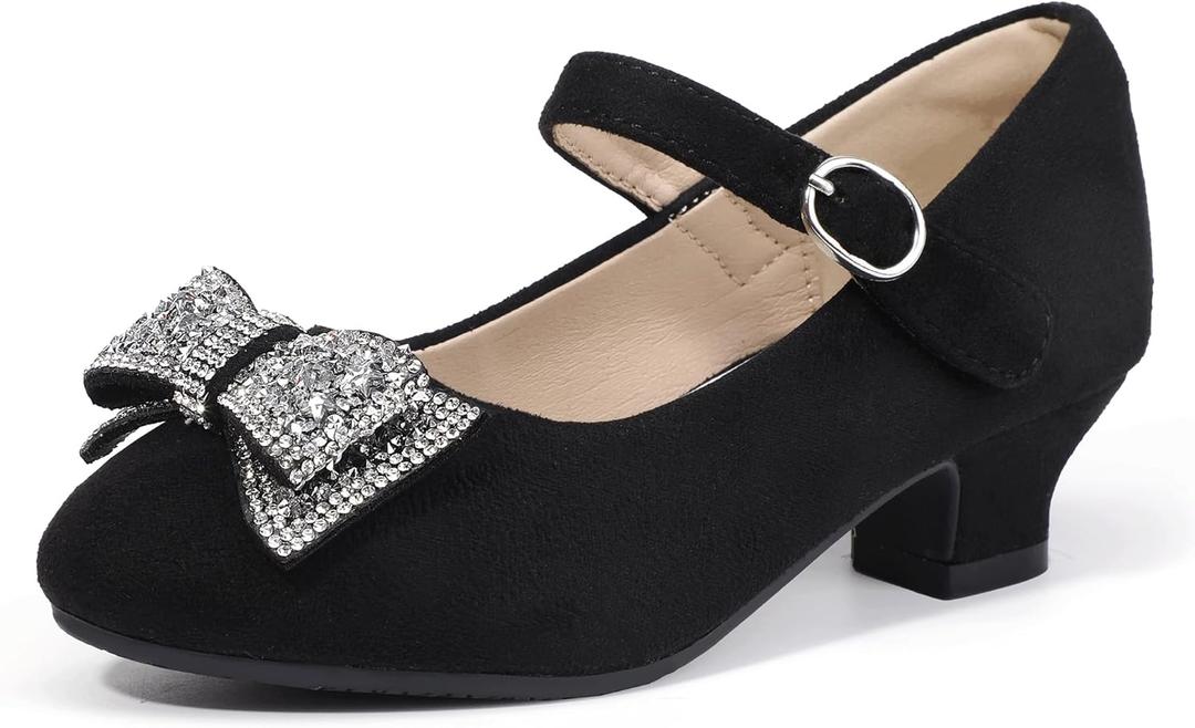 Hehainom Girls Mary Jane Dress Shoes Rhinestones Bows Flower Girl Wedding Princess Low Heels Toddler Little Kids Pump Shoes (Blacksuede,2 Little Kid)