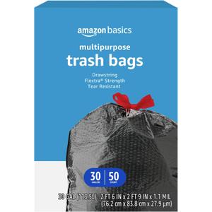 Amazon Basics Flextra Multipurpose Drawstring Trash Bags, 30 Gallon, 50 Count