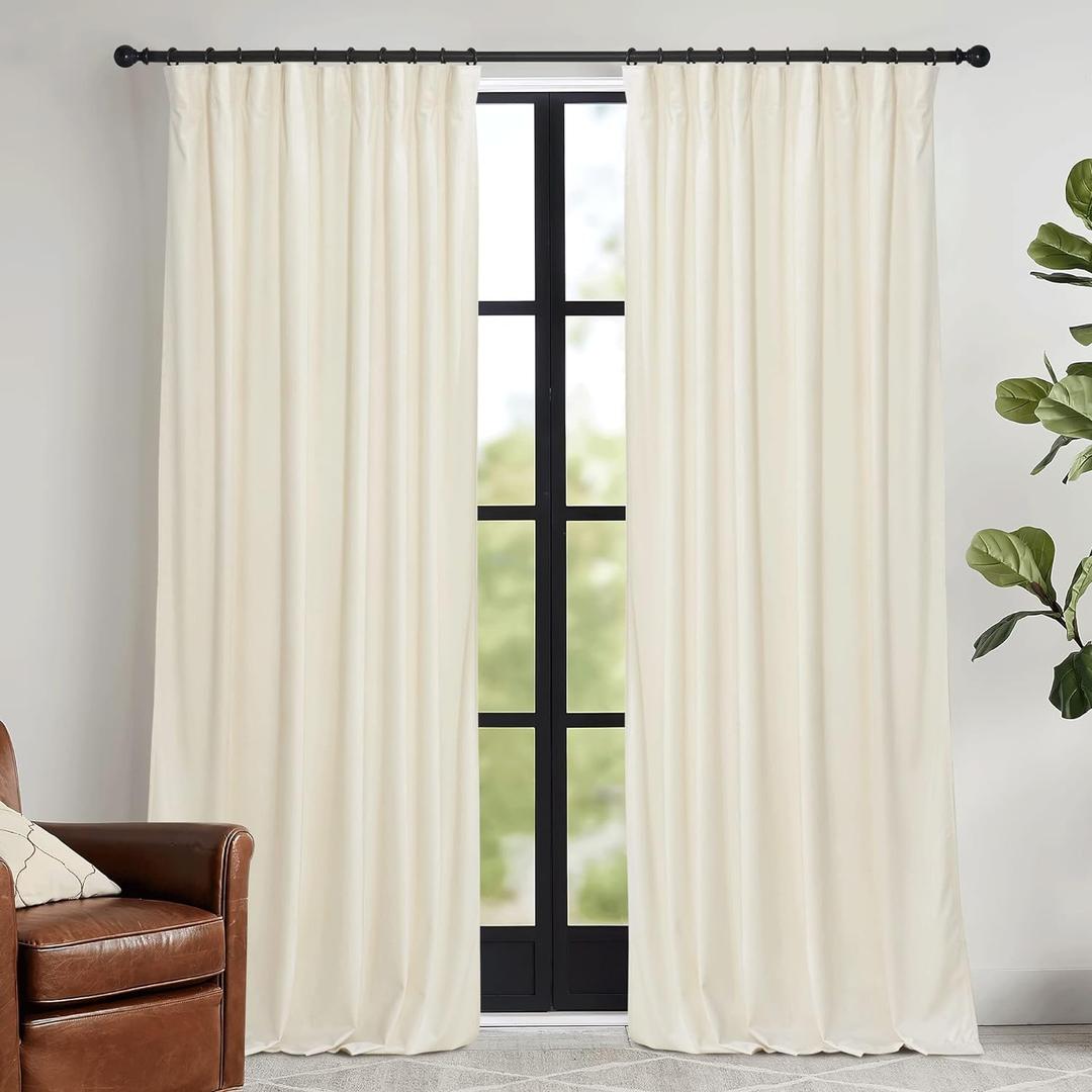 RYB HOME Ivory Velvet Curtains - Super Soft Bedroom Back Tab Window Curtains & Drapes Energy Efficiency Boho Decor for Living Room Home Office, W 52 x L 90, 2 Panels