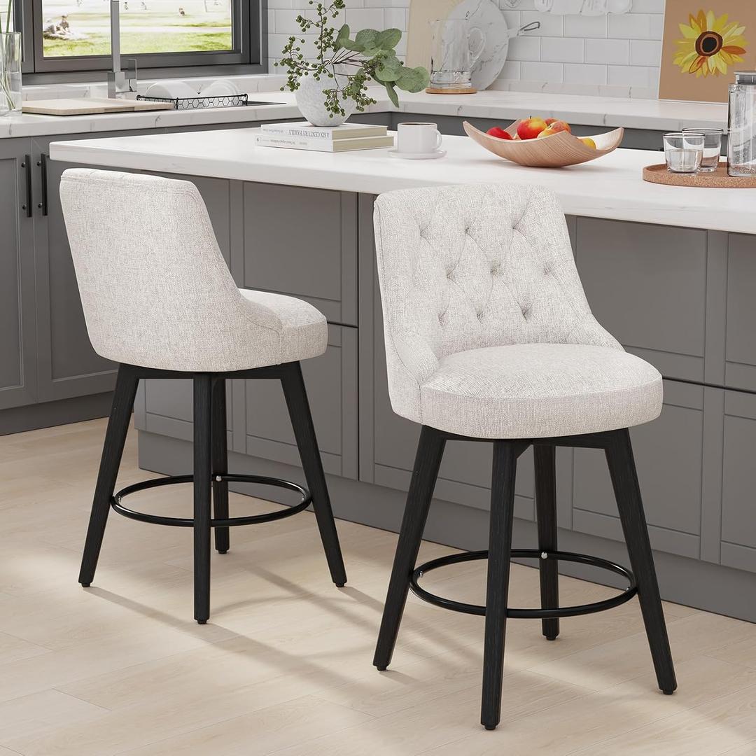 Vipbear Counter Height Bar Stools Set of 2, Updated Thickened Upholstered Fabric 360 Swivel Barstools with Backs, Solid Wood Legs, 26" Modern Bar Height Stools for Kitchen Island,Dark Beige, 26" Height Bar Stools-2 Pieces