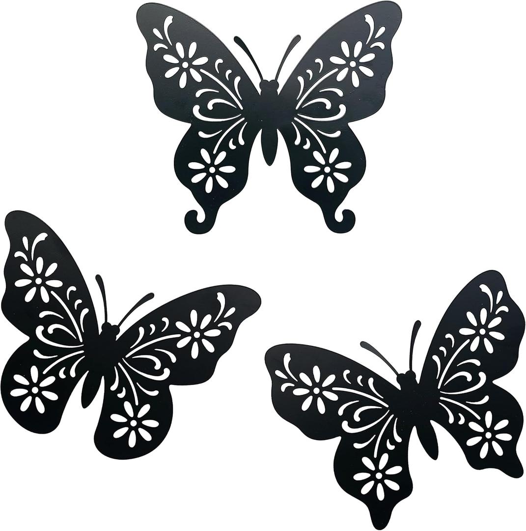 VividLadybug Set of 3 butterfly wall decor, Art Wall Decor, the ideal for interior and exterior decor, Yard Art, black Concise Decoration Hanging