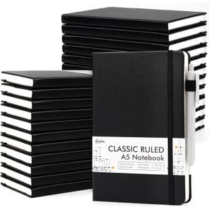 feela 24 Pack Journal Notebook for Work, Business Notebook Bulk Hardcover Lined Writing Journal with Pen Holder for Men Women Note Taking, with 24 Black Pens, 120 GSM, 5.1x8.3, A5, Black
