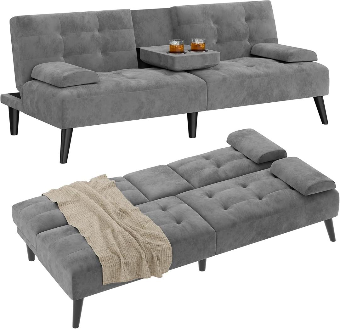 Shintenchi Futon Sofa Bed, Velvet Foldable Couch Reclining Sleeper w/Removable Armrests, Upholstered Loveseat w/Folding Cup Holders for Home, Office, Dark Gray