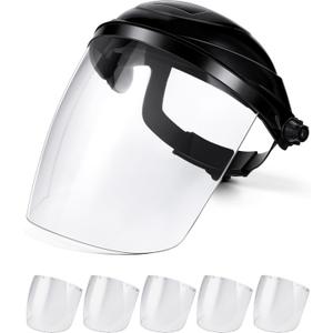 Tellegloww 6 Pcs Safety Face Shield for Grinding and Cutting, Clear Impact Resistant Visor, Full Face Shield Mask with Ratchet Headgear for Grinding, Isolation, Weed Whacking, Industrial Use (Black)