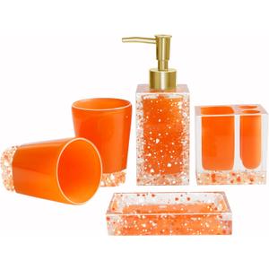 LUANT 5-Piece Resin Bathroom Accessory Set with Soap Dish, Dispenser, Toothbrush Holder and Tumbler, Orange