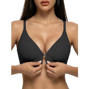 Front Closure Bras for Women Magnetic Deep V Bra Racerback Wireless Seamless Bralettes Comfy No Underwire Jelly Bra (X-Large, Black)