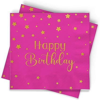 100-Pack Black Happy Birthday Napkins- 3-Ply Disposable Dinner Napkins with Gold Foil Stars for Party, Elegant Events, and Celebrations (Pink)