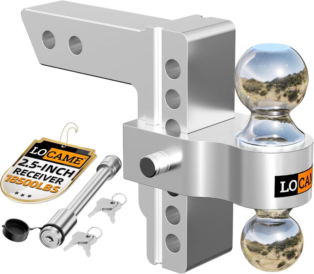 LOCAME Adjustable Trailer Hitch, Fits 2.5-Inch Receiver, 6-Inch Drop/Rise Aluminum Drop Hitch,18,500 LBS GTW-Tow Hitch for Heavy Duty Truck with Double Stainless Steel Locks, LC0026