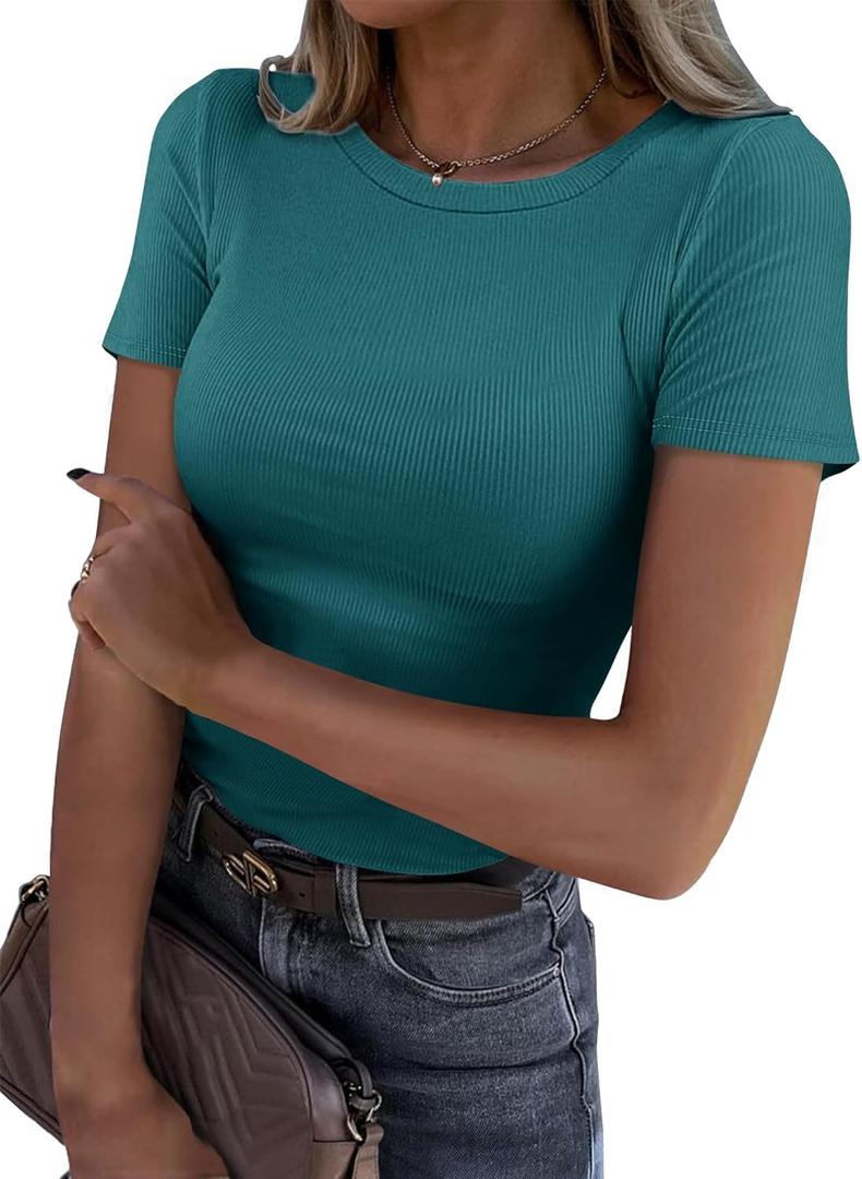 Roselux Women Crew Neck Ribbed Fitted Tight Tshirt Short Sleeve Shirt Basic Knit Top (Small, Teal)